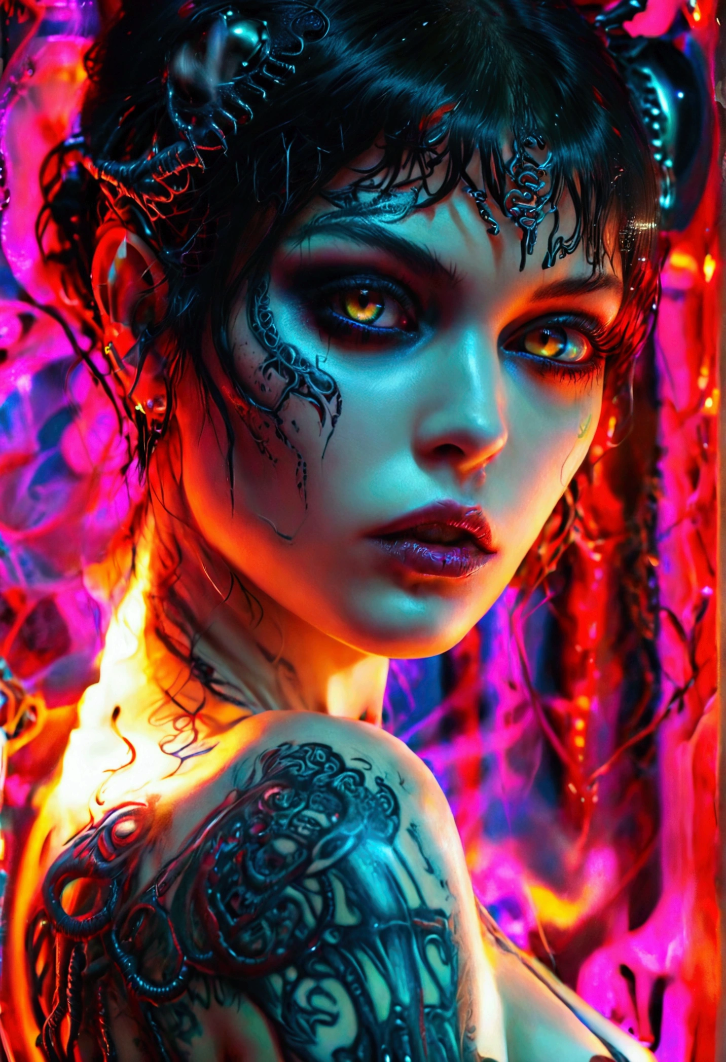 Hr giger tattooed sexy seductive dead girl, perfect face, hyper detailed neon eyes, full body view,