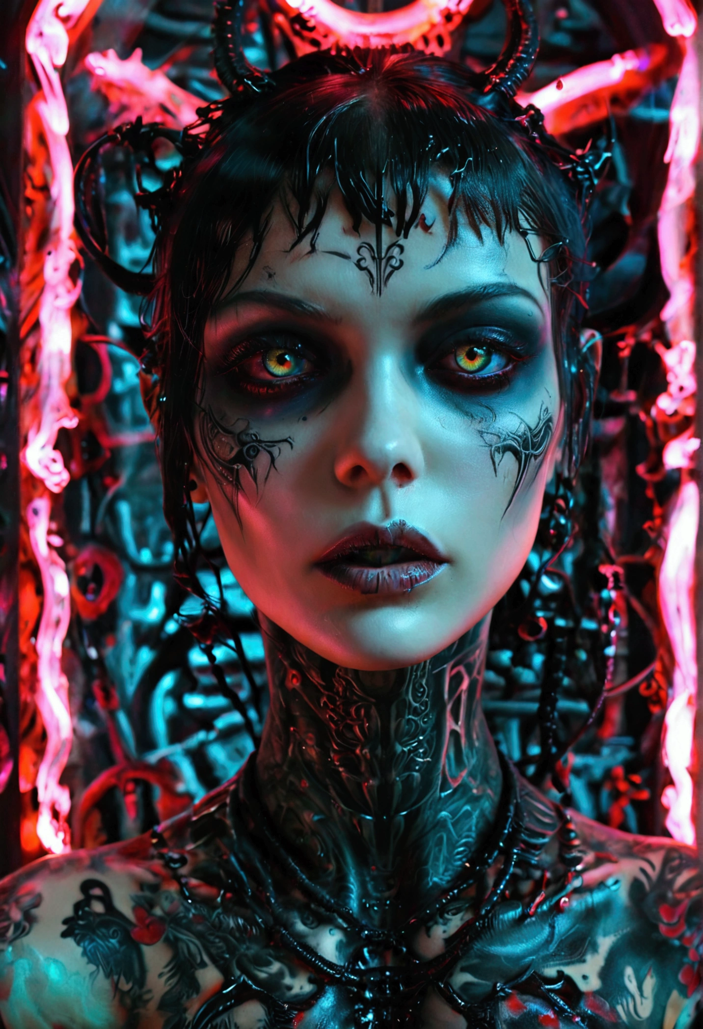 Hr giger tattooed sexy seductive dead girl, perfect face, hyper detailed neon eyes, full body view,