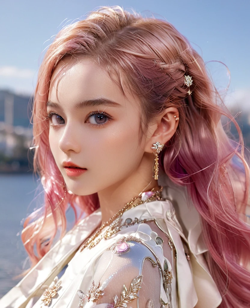 8K,A,cute girl,an extremely delicate and beautiful,Beautiful and realistic skin,Shiny jewel-like earrings,bumpy hair,Shiny like glitter pink hair,beautiful eyes,full body