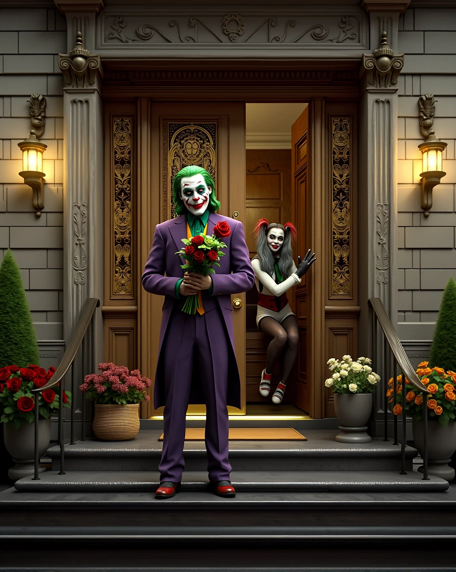 a horror romantic picture of The Joker with nice suite, hold a bunch of poison ivy flowers and black roses, in front of Harley Quinn front door apartment, whistling waiting the door opened, insanely detailed and intricate, outoor apartment facade with beautiful flower garden in background, photo realistic illustration, masterpiece, cinematic, Don Lawrence style, perfect face, octane render