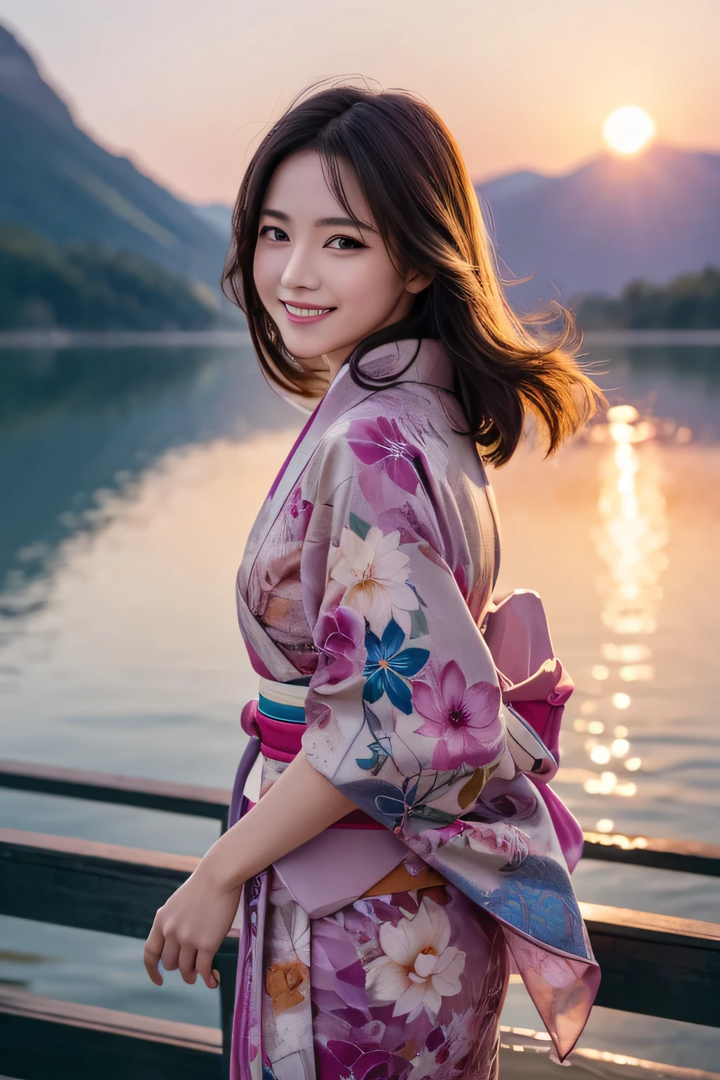 cowboy shot, standing, Close Up, Face and body facing forward, Realistic Skin,In detail, High resolution, high quality、Perfect dynamic composition, Beautiful attention to detail, Medium Hair, small 、Natural color lip,Kamimei、Sunset in the background、20-year-old girl、1 person、Clear Skin、Shiny Hair、Tabletop, 最high quality, figure, Very detailed, In detail, High resolution, 8k、The correct state of the human body、Laughter，Hair dancing in the wind,Colorful and cute twelve-layered kimono,your,Temperature 0°C, A mystical lake with floating lotus flowers.