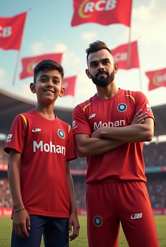 (create a 21 years old age boy wearing red t shirt with name “mohan” written on it, and standing with virat kholi and virat kholi is wearing royal challengers bengaluru and, background featured ipl stadium. rcb flags flying in the background of them. generate high resolution realistic image, 3d illustration.