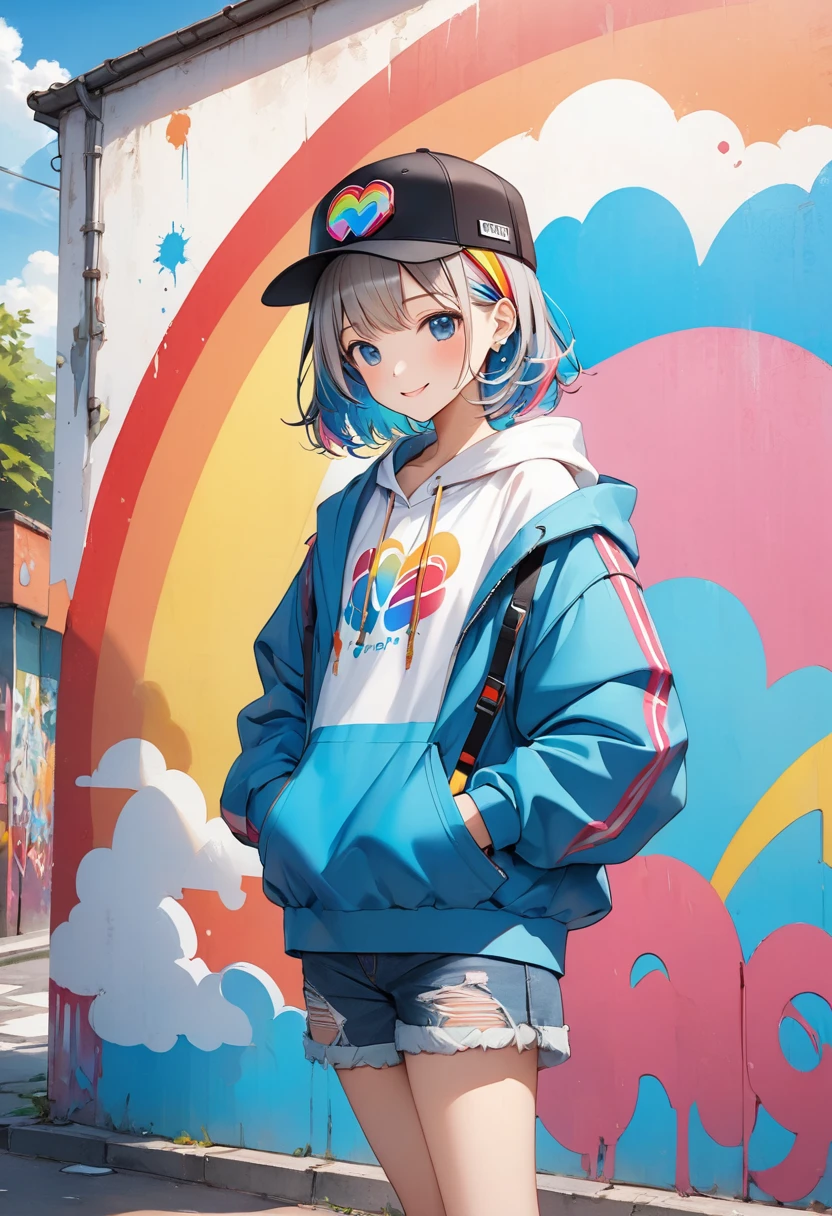 HD 8k handsome sexy cute, Lonely, One smiling woman, Medium length hair, Gray Hair, Rainbow Hair, blue eyes, Rainbow Headphones, hoodie, colored hoodie, Black Tracker Hat, Hip hop style large hooded jacket、Denim shorts, sneakers, human center, Outdoor, blue sky, White cloud, Graffiti Popular Spray Art Wall,
