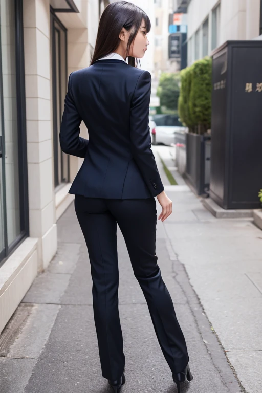 Back view of a girl in a tight pantsuit。The face turns around and looks this way, Panty lines