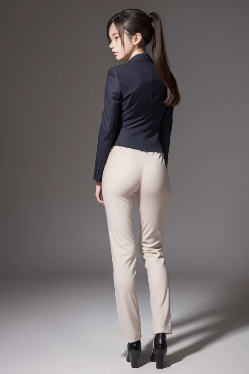 Back view of a girl in a tight pantsuit。The face turns around and looks this way, Panty lines