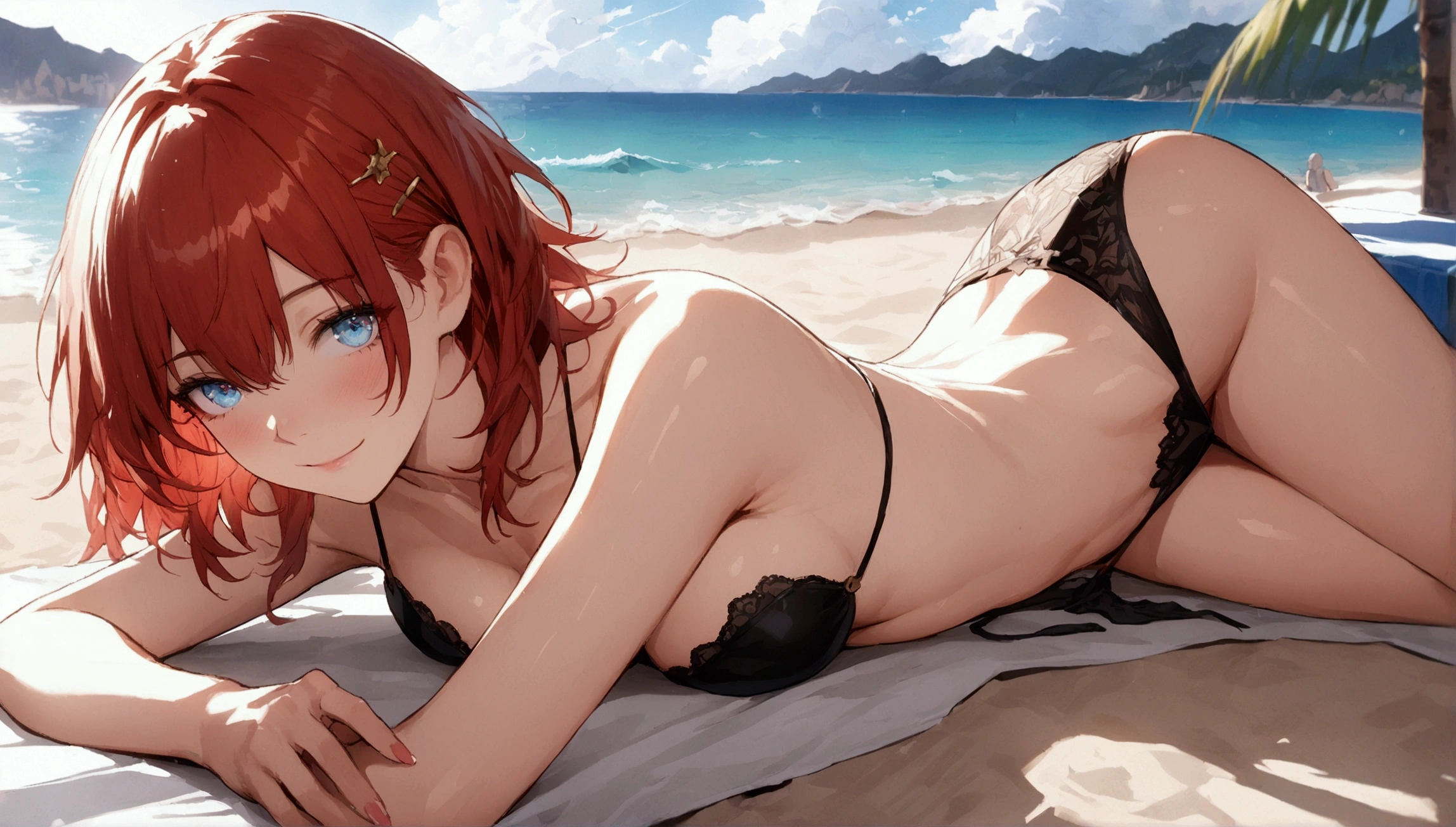 (Masterpiece. The best quality. 8K. Sharp focus. Depth of field, The best shadows. Perfect lighting. HDR. Realistic skin texture. Ultra-detailed background. Detailing). Anime style. Honkai: Star Rail. March 7. 1 girl. Fiery red hair, short hair. Azure blue eyes, beautiful eyes, beautiful eyes, expressive eyes. Beautiful nose, perfect facial features. Perfect anatomical body, slender figure, second size breasts, beautiful breasts, thin waist, rounded hips, beautiful long legs. Summer, sea, beach, sun lounger, bikini. Untied strings of bikini top, sunscreen in hand. Gentle smile. Lying on a sun lounger, sunbathing, Lying full-length. Concept art. Looking at the viewer. Full-length. Full body.