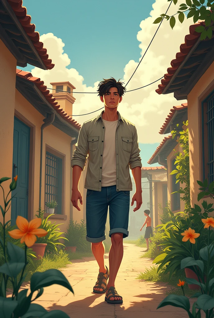 Journey of Realization : The young man walking through the village, now with a thoughtful expression, finding joy in simple scenes like a flower, a child playing, or a sunset. In dall e-3 style