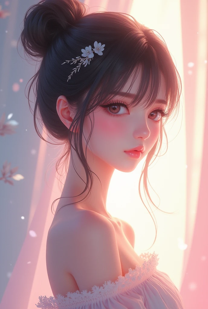 a beautiful anime girl, detailed face, long eyelashes, delicate facial features, porcelain skin, no clothes, detailed anatomy, elegant pose, serene expression, soft lighting, pastel color palette, dreamlike atmosphere, 8k, high quality, intricate details, masterpiece