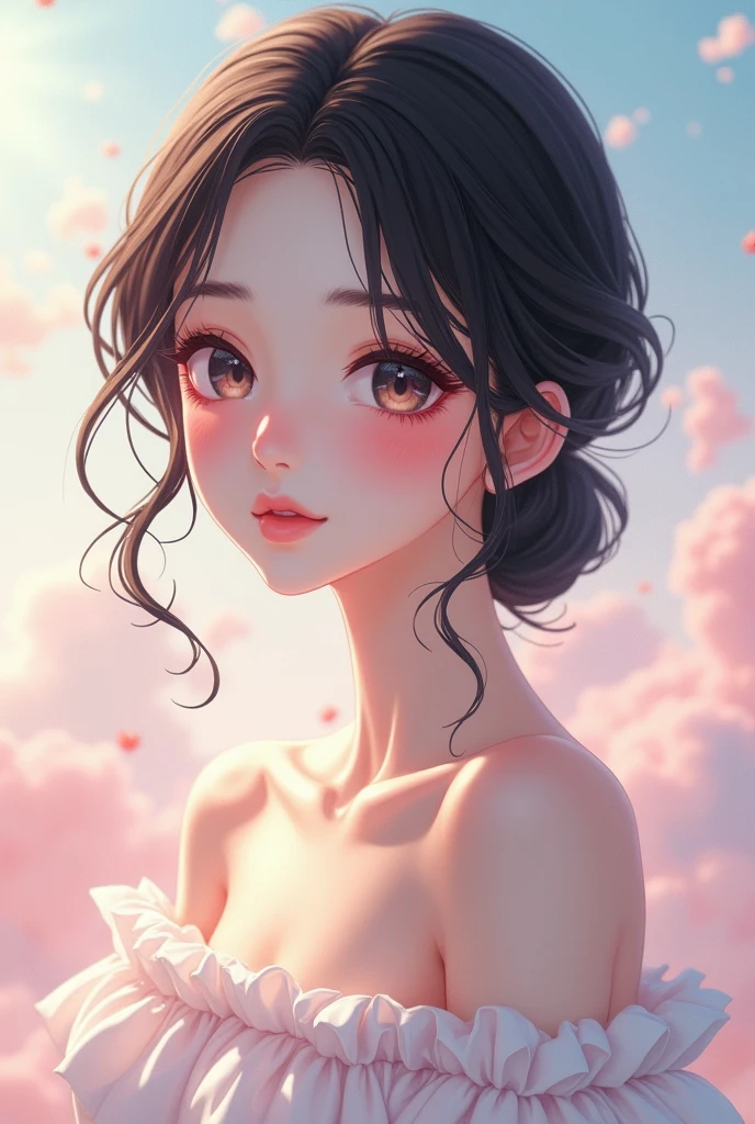 a beautiful anime girl, detailed face, long eyelashes, delicate facial features, porcelain skin, no clothes, detailed anatomy, elegant pose, serene expression, soft lighting, pastel color palette, dreamlike atmosphere, 8k, high quality, intricate details, masterpiece