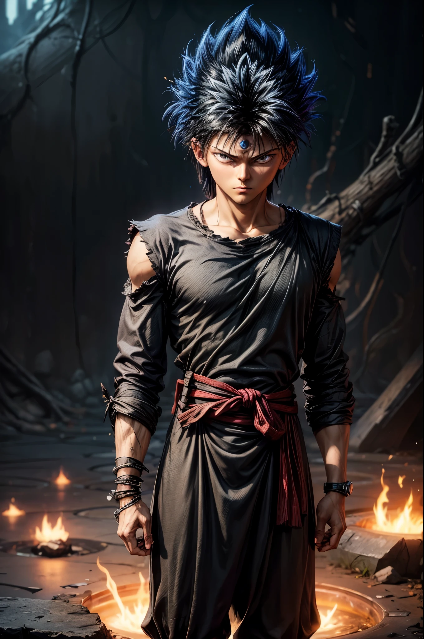 masterpiece, best quality, extremely detailed CG unity 8k wallpaper, One person, Black Hair,  Gray Hair, Spiked Hair, Red eyes, Third Eye, Upper Body, No sleeve, Torn clothes, sketch, alone, Simple Background, Black Dragon Flame effect, disaster々Flow of fresh air, bokeh photography, (soft focus):1.2, out-of-focus highlights, dreamy ambiance, glowing circles, mesmerizing depth, Depth of written boundary