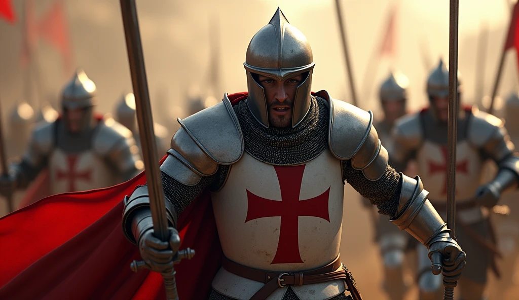 A highly realistic, high-contrast, 8K HD, detailed, hyper-detailed image of Crusader knights charging forward with swords drawn. The knights, clad in steel armor with red crosses on their tunics, have their eyes filled with unwavering determination. They are in full motion, rushing towards their enemy with no intention of backing down. The atmosphere is intense and dynamic, capturing the raw energy and courage of the Crusaders as they press forward in the heat of battle. The image is of the highest quality, with ultra-high resolution, RAW photo quality, and Unreal Engine rendering, showcasing the fierce resolve and bravery of the Crusaders as they advance with relentless force.