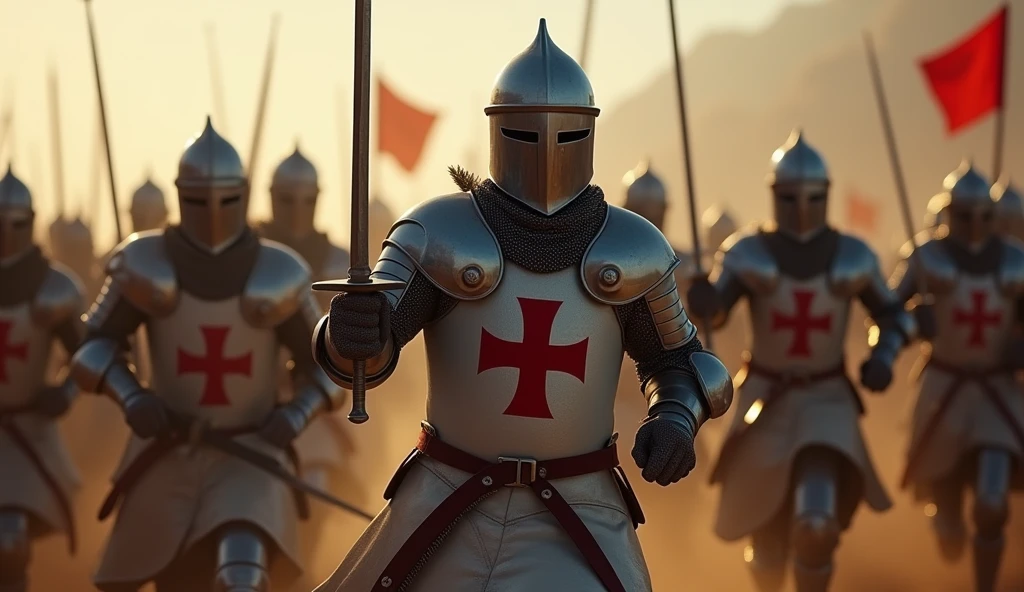 A highly realistic, high-contrast, 8K HD, detailed, hyper-detailed image of Crusader knights charging forward with swords drawn. The knights, clad in steel armor with red crosses on their tunics, have their eyes filled with unwavering determination. They are in full motion, rushing towards their enemy with no intention of backing down. The atmosphere is intense and dynamic, capturing the raw energy and courage of the Crusaders as they press forward in the heat of battle. The image is of the highest quality, with ultra-high resolution, RAW photo quality, and Unreal Engine rendering, showcasing the fierce resolve and bravery of the Crusaders as they advance with relentless force.