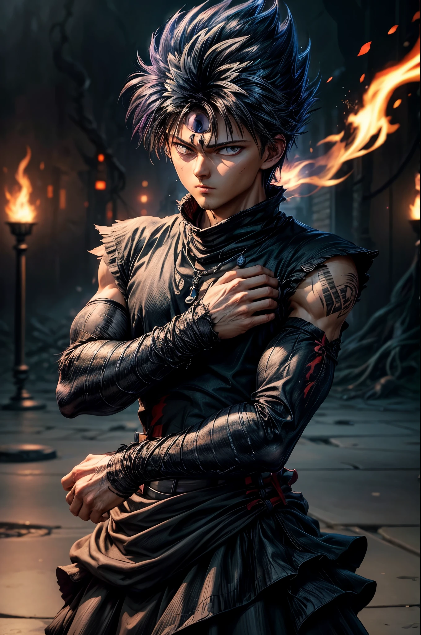 masterpiece, best quality, extremely detailed CG unity 8k wallpaper, One person, Black Hair,  Gray Hair, Spiked Hair, Red eyes, Third Eye, Upper Body, No sleeve, Torn clothes, sketch, alone, Simple Background, Black Dragon Flame effect, disaster々Flow of fresh air, bokeh photography, (soft focus):1.2, out-of-focus highlights, dreamy ambiance, glowing circles, mesmerizing depth, Depth of written boundary