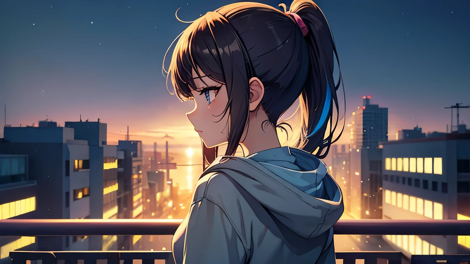 (Excellent: 1.2),(Best Quality: 1.2),(Super Detail: 1.2),(A lone girl looking out from the balcony of a high rise apartment, brunette, medium hair, ponytail, grey hoodie, long sleeves, miniskirt),(Upper body, right side of the screen),(Night, Summer, Night view),(4k, sad, rainbow water art style, beautiful digital illustration, beautiful character drawing, stunning anime face portrait, official artwork, LOFI girl, admire the art style, anime atmosphere, mix of anime style and film, digital anime illustration, anime wallpaper, 4k, high resolution high quality beautiful realistic sky, sky is the main focus, rear view, rear view scenery is the main focus, scenery is the main focus, emotional lofi old camera deep 3D)