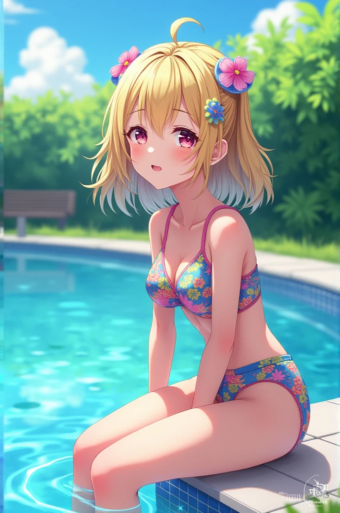 Anime girl in a swimsuit next to a pool