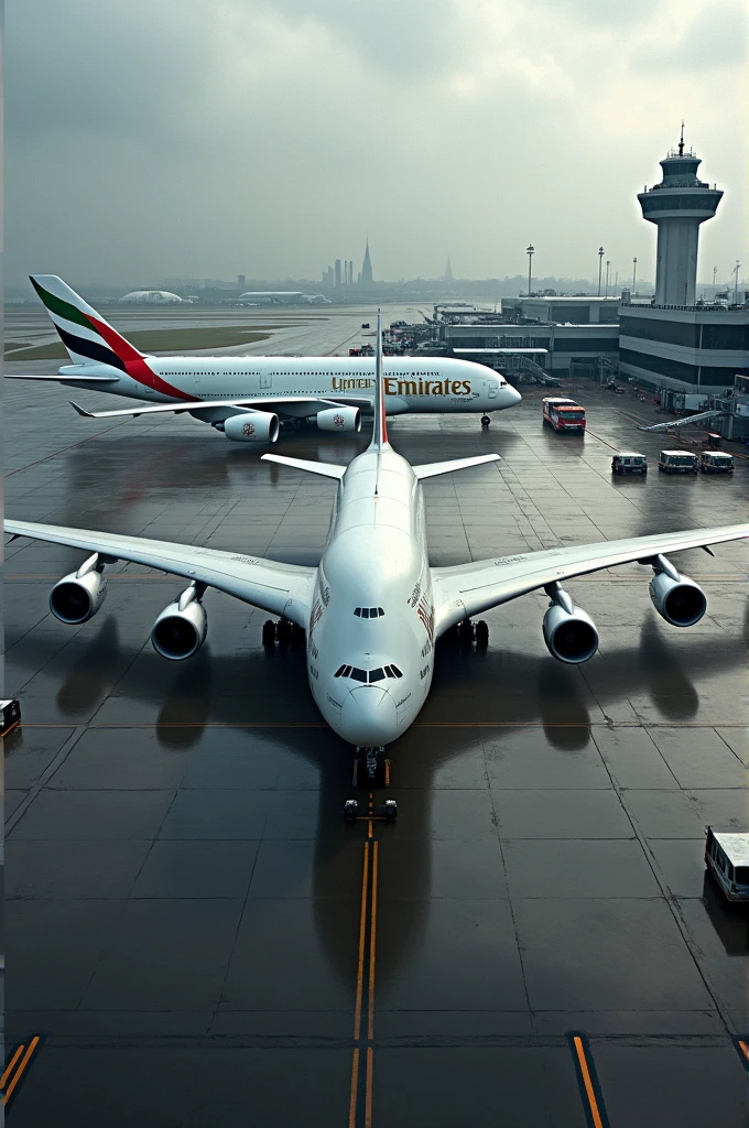 Boeing 747 with emirates a380 in London airport