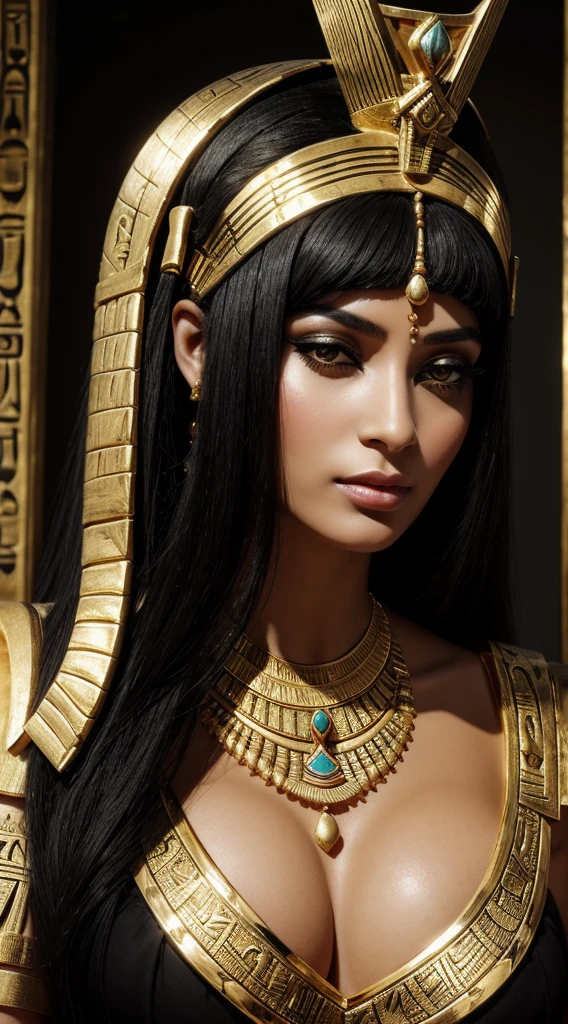 a woman with a black hair and gold jewelry on her head, egyptian art by Hedi Xandt, trending on Artstation, hurufiyya, egyptian makeup, egypt makeup, beautiful cleopatra, egyptian, egyptian princess, cleopatra portrait, cleopatra, wearing an egyptian crown, egyptian style, arab inspired, queen of snakes, wears a egyptian ankh necklace
