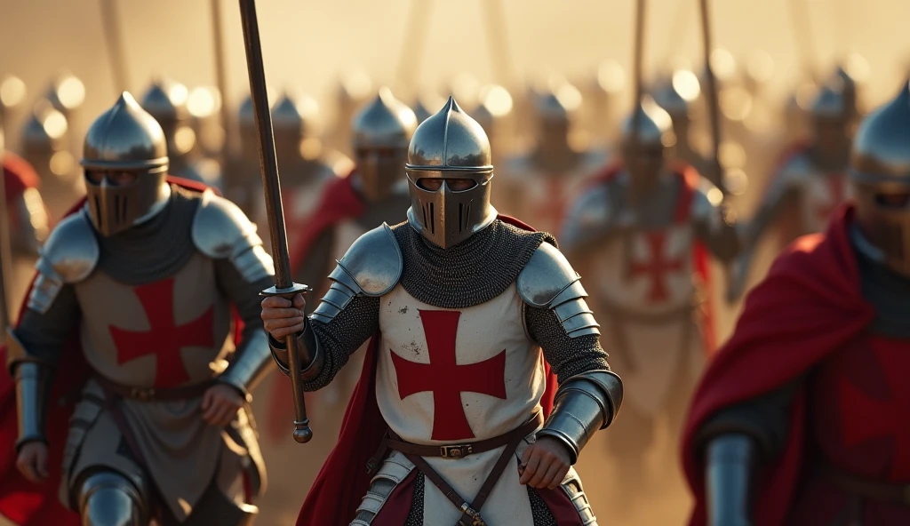 A highly realistic, high-contrast, 8K HD, detailed, hyper-detailed image of Crusader knights charging forward with swords drawn. The knights, clad in steel armor with red crosses on their tunics, have their eyes filled with unwavering determination. They are in full motion, rushing towards their enemy with no intention of backing down. The atmosphere is intense and dynamic, capturing the raw energy and courage of the Crusaders as they press forward in the heat of battle. The image is of the highest quality, with ultra-high resolution, RAW photo quality, and Unreal Engine rendering, showcasing the fierce resolve and bravery of the Crusaders as they advance with relentless force.
