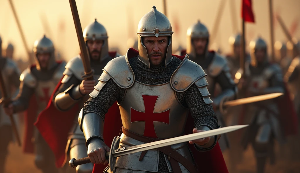 A highly realistic, high-contrast, 8K HD, detailed, hyper-detailed image of Crusader knights charging forward with swords drawn. The knights, clad in steel armor with red crosses on their tunics, have their eyes filled with unwavering determination. They are in full motion, rushing towards their enemy with no intention of backing down. The atmosphere is intense and dynamic, capturing the raw energy and courage of the Crusaders as they press forward in the heat of battle. The image is of the highest quality, with ultra-high resolution, RAW photo quality, and Unreal Engine rendering, showcasing the fierce resolve and bravery of the Crusaders as they advance with relentless force.
