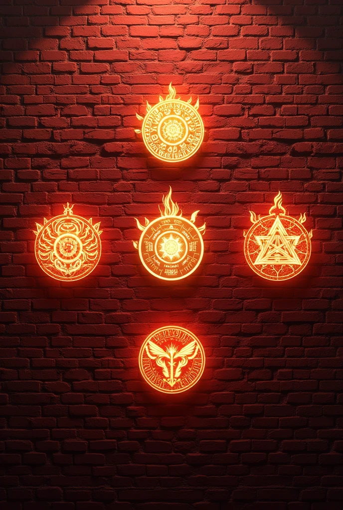 Red brick background with a picture of elemental power symbols, fantasy 