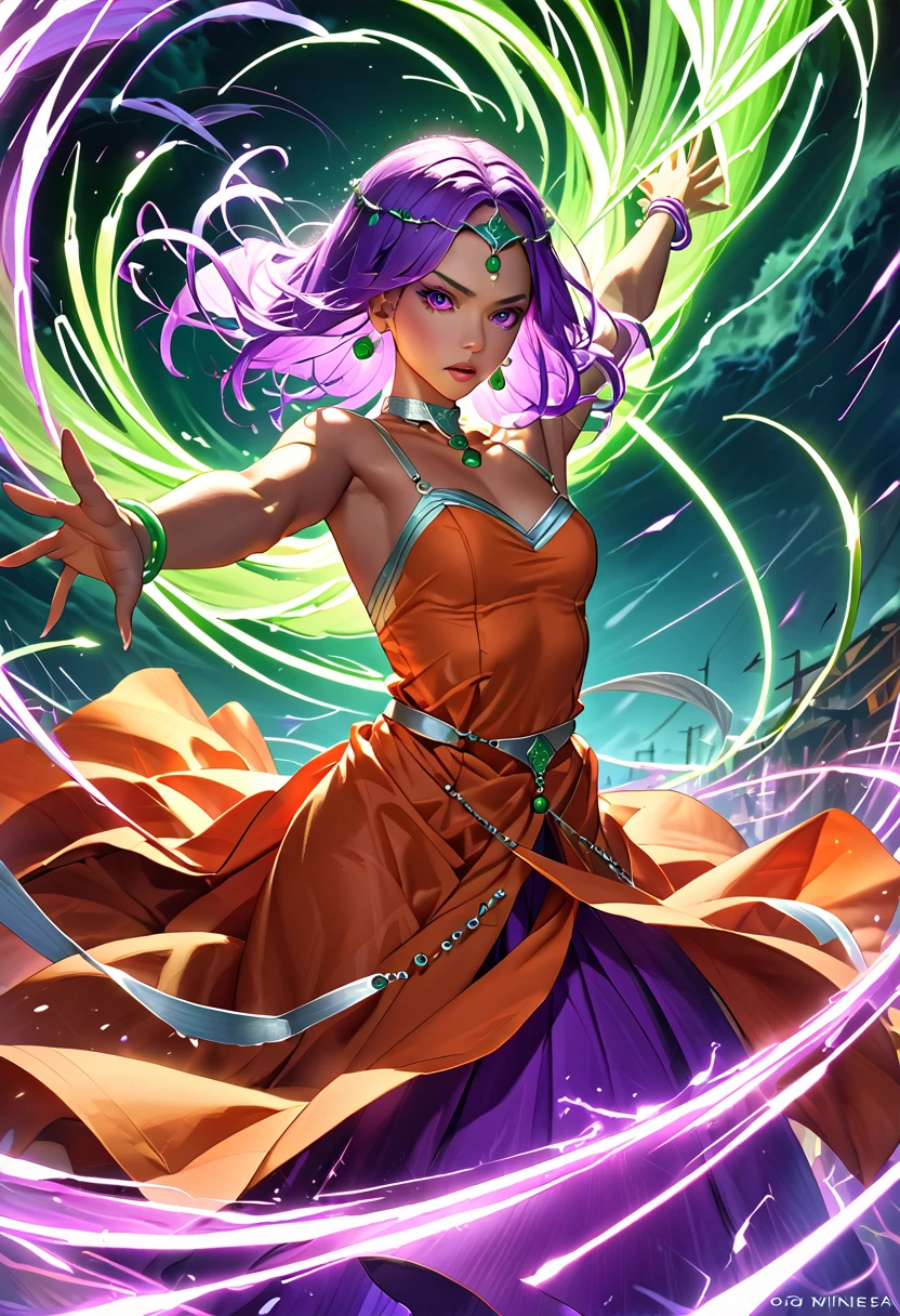 Armpit Show,High resolution、masterpiece、One Girl、DQ Minnea, Purple Hair、Circlet, Earrings, choker, bracelet, Orange Dress、Being in a fierce storm、Gust of wind、Shoots curved blades of light from his hands、Light green magic circle、A big tornado、Countless curved blades of light、The curved blade cuts through the air