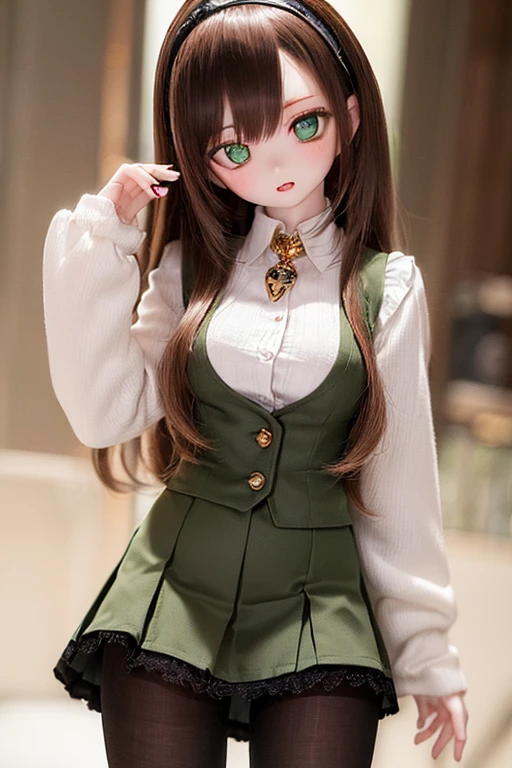 (SFW:2), photorealistic, realistic photo, 8k, ((highest quality)), ((masterpiece)), (extremely detailed), kukolnydom, doll, (mature woman, 21yo, 21 years old, solo:1.6), ((cowboy shot, contrapposto, slim, slender, skinny, medium breasts, hairband, ascot, vest, blouse, long puff sleeves, pleated skirt, black pantyhose)), (green eyes, brown hair, long hair, plastic skin, looking at another, glass eyes, gradient eyes, shining eyes, detailed eyes:1.3)