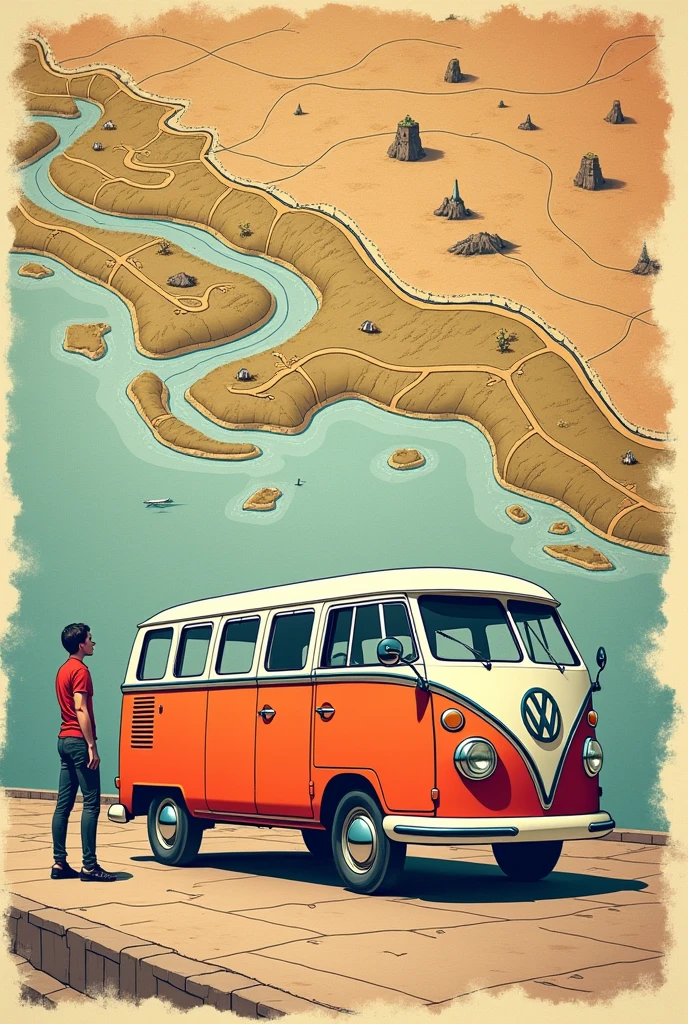 {
"size": "1024x1024",
"prompt": "A visually striking illustration featuring a vintage kombi van in the foreground with a minimalistic man standing beside it. The man is drawn with smooth, flowing lines, without facial details, giving him a simple yet stylish appearance, ideal for vehicle art. A detailed map is in the background, showcasing intricate paths, landmarks, and terrain features. A winding road with realistic colors connects the kombi to a specific point on the map, symbolizing a journey. The overall colors are vibrant and balanced, but the road itself has more realistic tones, creating a harmonious and visually appealing design perfect for plotagem on the kombi."
}