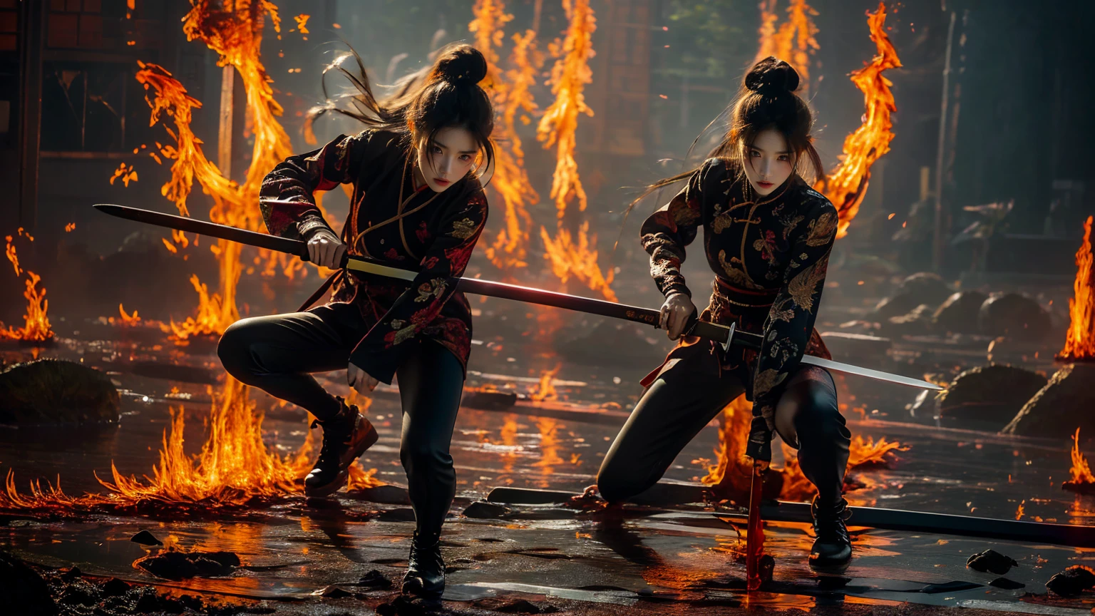 smoky makeup:2,black eyeshadow:2,black lips:2,anatomically correct:2,standing alone,1sword xuer ai yazawa girl style,1 girl, and a dragon,Bblack hair,hair bun,Chinese clothing,keep,keep weapon,twice as good,bangss,blunt bangss,a knee,looking at the audience,jewerly,aretes,black backdrop,longsleeve,eastern Dragon,samurai sword,get away,tight and shiny leggings,Dragon,golden footwear,rey,anatomically correcte:2,(disgust:1.3),ultra-high resolution,((work of art))),(((best qualityer))),((super verbose)),((extremely delicate and beautiful)),,ezh