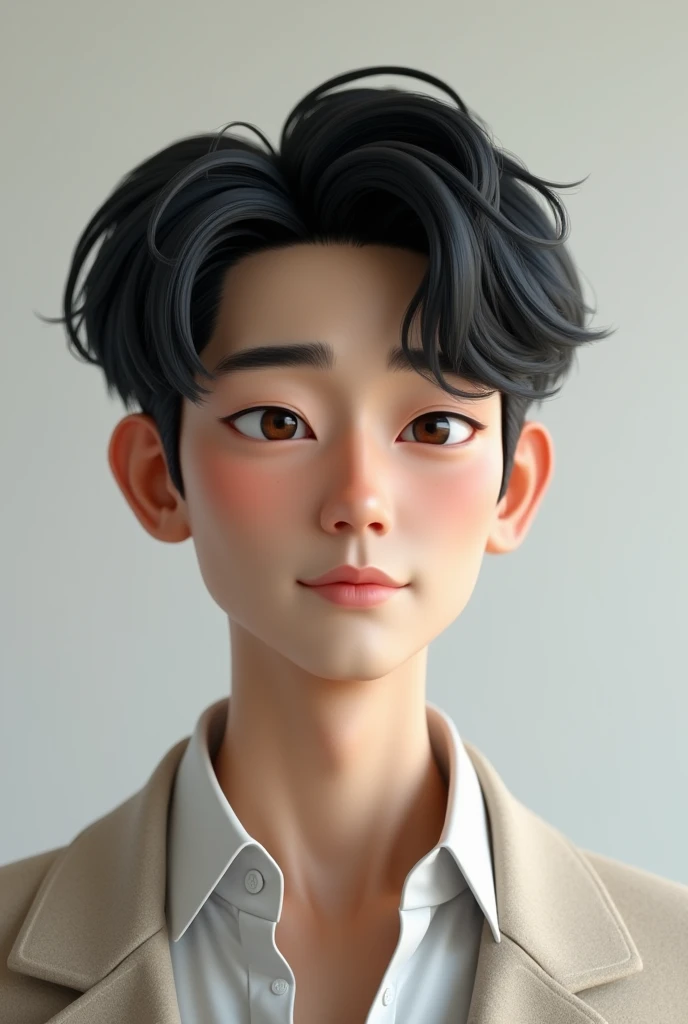 Create a 3D avatar of a 30-year-old male with a cool and intellectual appearance, similar to South Korean actor Kim Soo-hyun. The body should be lean and well-proportioned, not overly muscular but fit, conveying a sense of elegance and sophistication.

The face should have a youthful, slightly boyish charm with well-defined, yet gentle features. The eyes should be medium-sized, with a calm and thoughtful expression, and the nose should be straight and refined. The skin should have a smooth, healthy tone, highlighting the overall polished and refined look.

The hairstyle should be short to medium-length, slightly tousled for a natural yet stylish appearance, in a natural black or dark brown color. The avatar should embody a blend of coolness and intelligence, with a modern and clean aesthetic.

The face should be shown in a front-facing close-up, with the entire head visible in the image. The expression should be calm, perhaps with a subtle smile or a slightly serious look, capturing the avatar's thoughtful and sophisticated nature