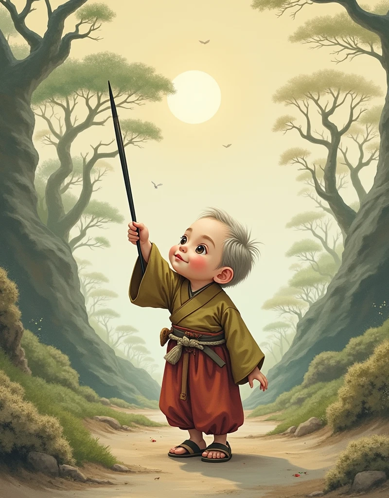 Japanese folklore、dwarf、One-sun in height（3cm in modern metric system）A young man who never grew up, no matter how many years passed.＿dwarf、Wearing traditional Japanese clothing、Holding a sewing needle bigger than their own body.