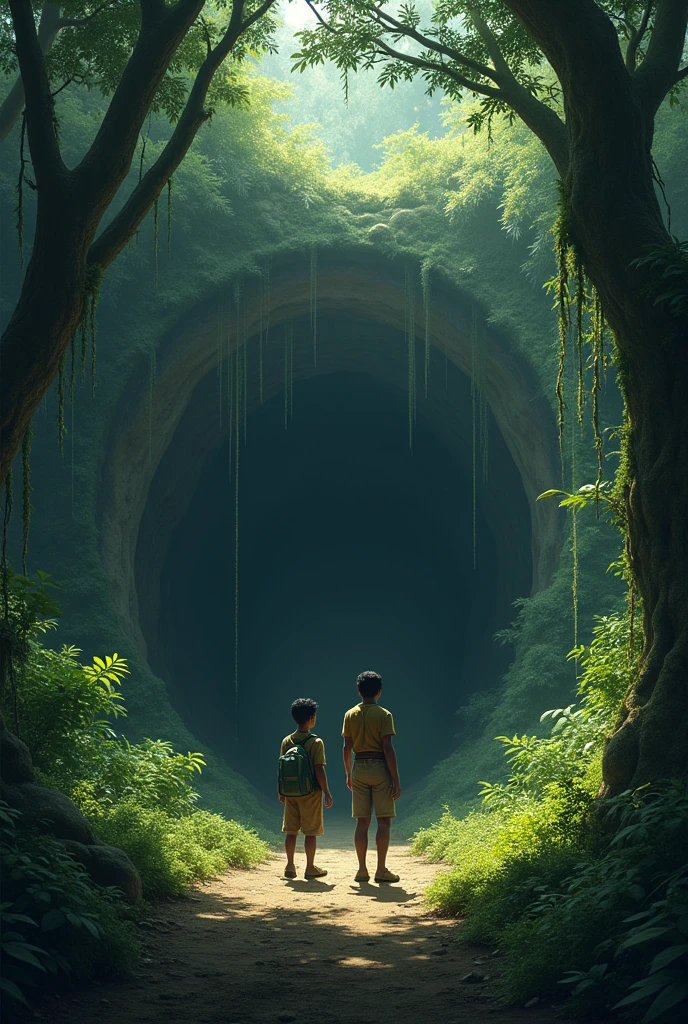 In the forest, they found an old cave where the treasure was hidden.
"An old, mysterious cave entrance in the dense forest, with Meghraj and Tanishk(male) approaching it with excitement."