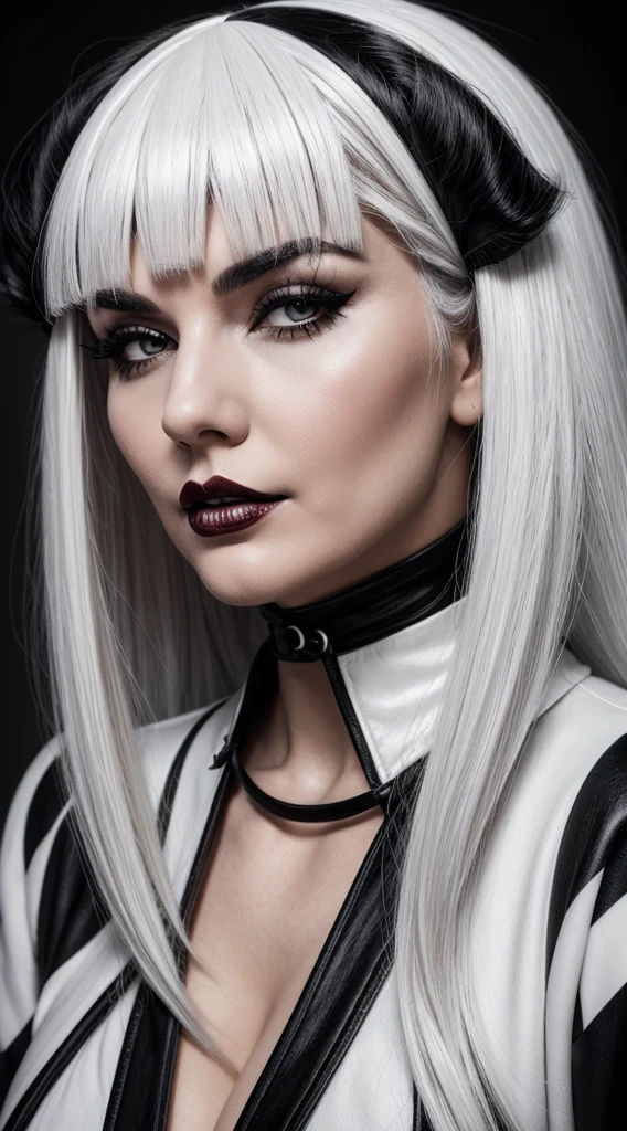 arafed woman with white hair and black and white wig, a photo inspired by Edo Murtić, tumblr, pop surrealism, black hair and white bangs, black and white hair, white highlights in hair, cruella devil, cleavage