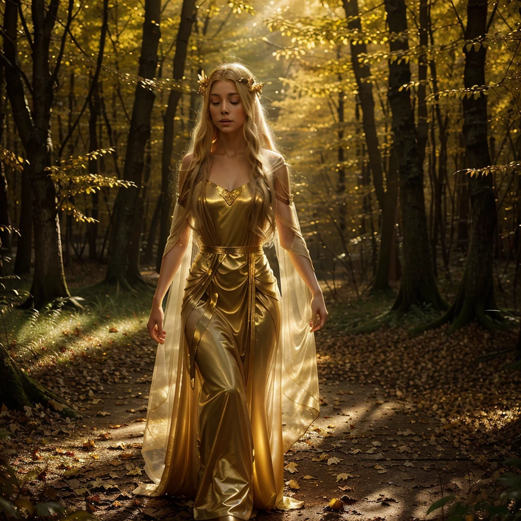 Create an ethereal scene of an elven woman standing gracefully in a mystical forest. She has long, flowing blonde hair adorned with delicate golden accessories that resemble leaves. She is dressed in a translucent, flowing gown with golden leaf-shaped shoulder armor. The forest is softly lit by the golden rays of sunlight filtering through the trees, creating a warm and magical atmosphere. Golden leaves gently float around her, enhancing the otherworldly and serene mood of the scene.