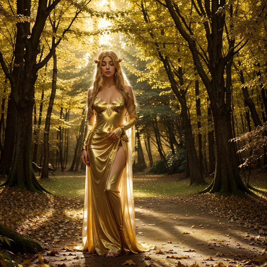 Create an ethereal scene of an elven woman standing gracefully in a mystical forest. She has long, flowing blonde hair adorned with delicate golden accessories that resemble leaves. She is dressed in a translucent, flowing gown with golden leaf-shaped shoulder armor. The forest is softly lit by the golden rays of sunlight filtering through the trees, creating a warm and magical atmosphere. Golden leaves gently float around her, enhancing the otherworldly and serene mood of the scene.