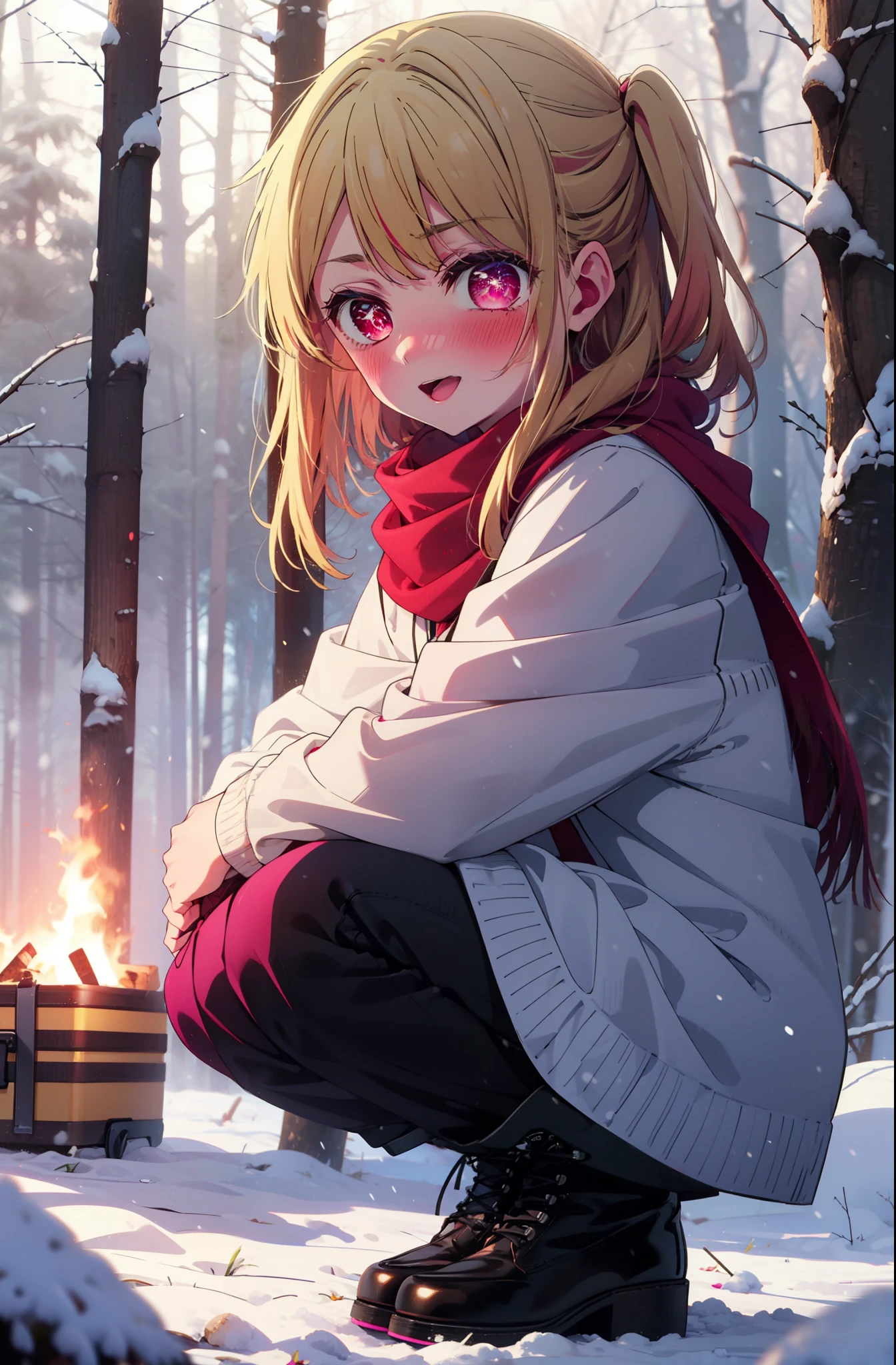 rubyhoshino, Hoshino Ruby, Long Hair, bangs, Blonde, (Pink Eyes:1.3), (Symbol-shaped pupil:1.5), Multicolored Hair, Two-tone hair, smile,blush,white breath,
Open your mouth,snow,Ground bonfire, Outdoor, boots, snowing, From the side, wood, suitcase, Cape, Blurred, , forest, White handbag, nature, Squat, Mouth closed, Cape, winter, Written boundary depth, Black shoes, red Cape break looking at viewer, Upper Body, whole body, break Outdoor, forest, nature, break (masterpiece:1.2), Highest quality, High resolution, unity 8k wallpaper, (shape:0.8), (Beautiful and beautiful eyes:1.6), Highly detailed face, Perfect lighting, Highly detailed CG, (Perfect hands, Perfect Anatomy),