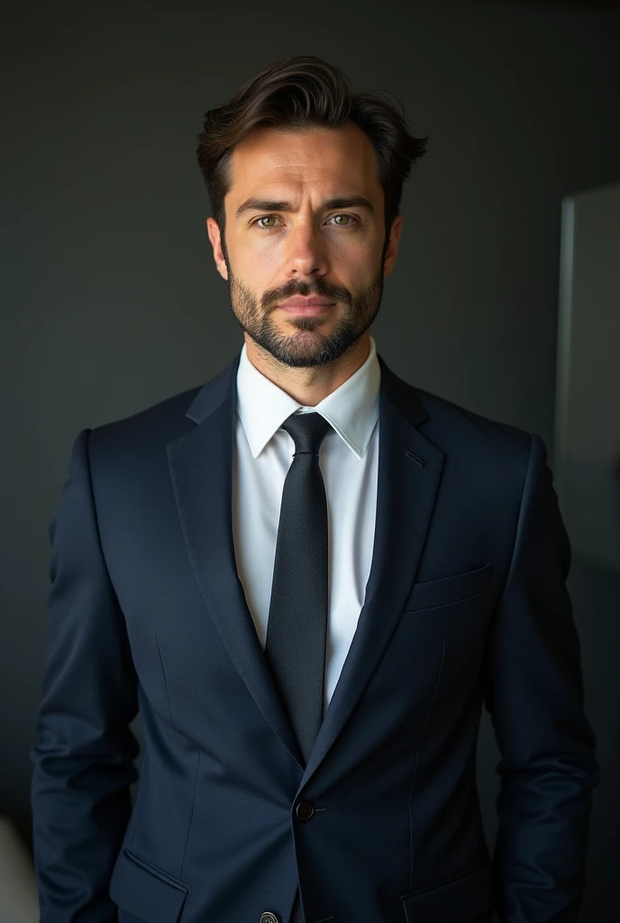 a 30 year old man in a suit and tie, straight body and head in the photo, facing the observer of the photo, eyes fixed on the lens, Shoulders and head appear in the photo, man centered in photo, 8k, best qualityer, Masterpiece artwork, realisitic, foto realisitic, film photo, ultra realisitic, 1 person, detailded, perfect lighting, dsrl, professional foto, 4K