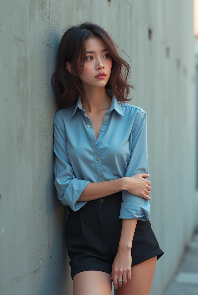 A woman with long hair, wearing a blue shirt, black shorts, a blue ring on her middle finger, is leaning against a wall with her arms crossed, wearing black women's shoes.