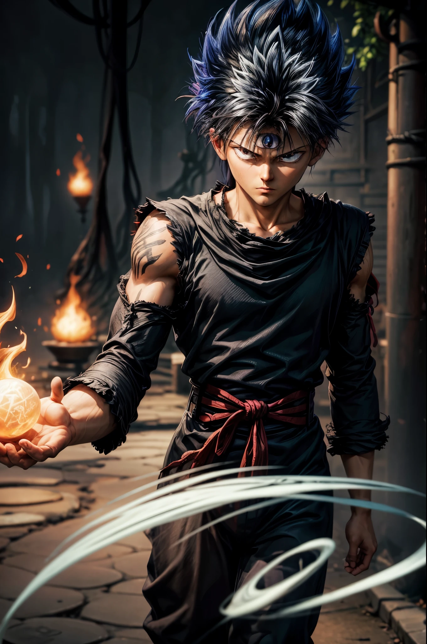 masterpiece, best quality, extremely detailed CG unity 8k wallpaper, One person, Black Hair,  Gray Hair, Spiked Hair, Red eyes, Third Eye, Upper Body, No sleeve, Torn clothes, sketch, alone, Simple Background, Black Dragon Flame effect, disaster々Flow of fresh air, bokeh photography, (soft focus):1.2, out-of-focus highlights, dreamy ambiance, glowing circles, mesmerizing depth, Depth of written boundary