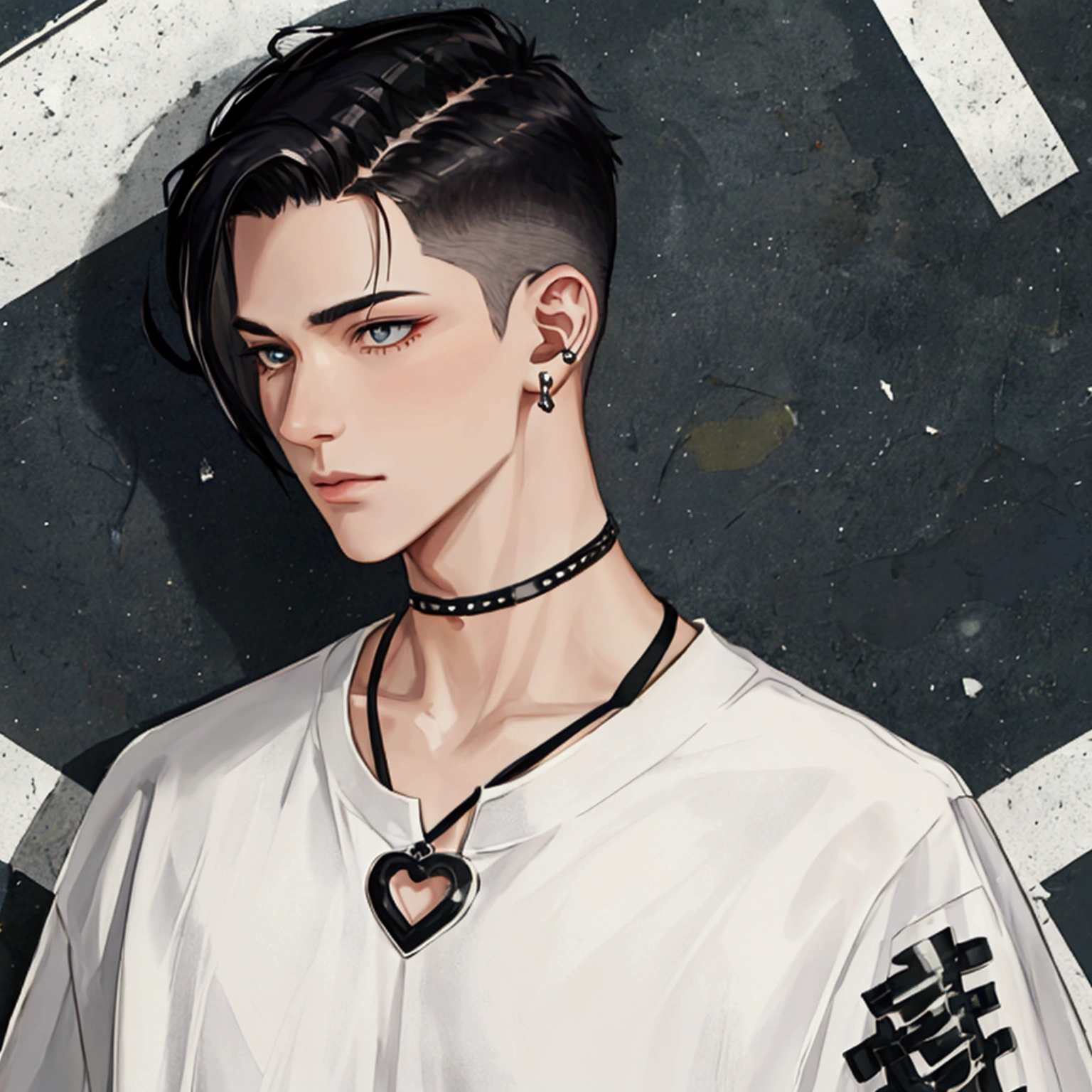 undercut black hair, Solo male, silver punk Jewelry , close up, camera POV, basic shirt , half body 