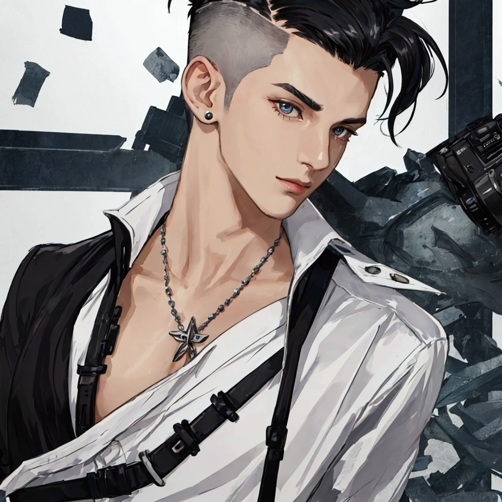 1boy,male focus,solo,pink hair,facial tattoo,short hair,undercut,jacket,tattoo,looking at viewer,ear piercing,closed mouth,upper body,piercing,collarbone,facial mark,white jacket,shirt,spiked hair,earrings,neck tattoo,jewelry,black shirt,necktie,twitter username,grey jacket,long sleeves,black hair,