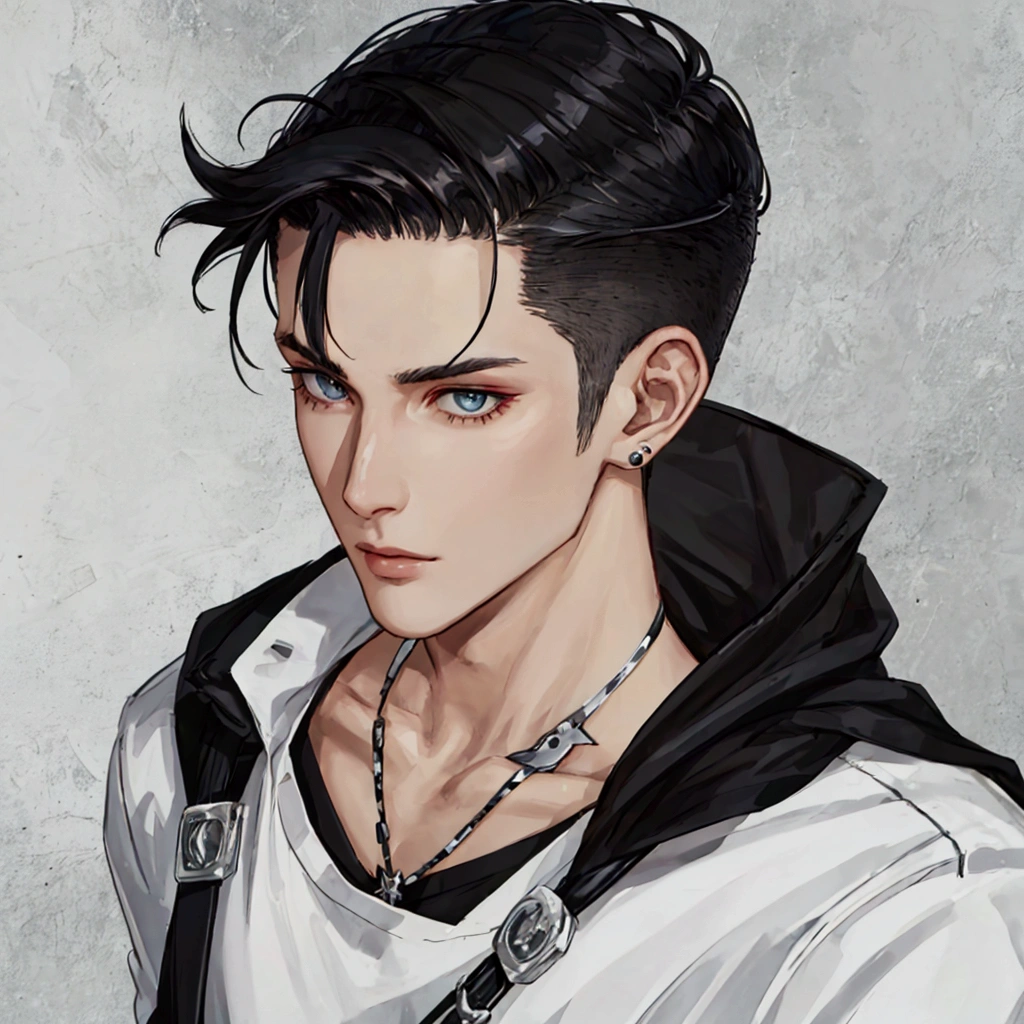 undercut black hair, Solo male, silver punk Jewelry , close up, camera POV, basic shirt , half body 