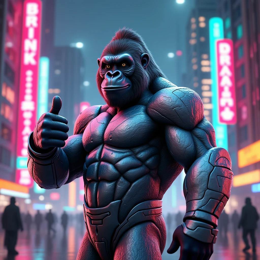 "A hyper-realistic image of a gorilla standing tall with a confident, reassuring smile. The gorilla is dressed in a skin-tight, metallic silver suit with neon accents, one hand on its hip and the other giving a thumbs-up. The background is a modern, urban setting with vibrant city lights."