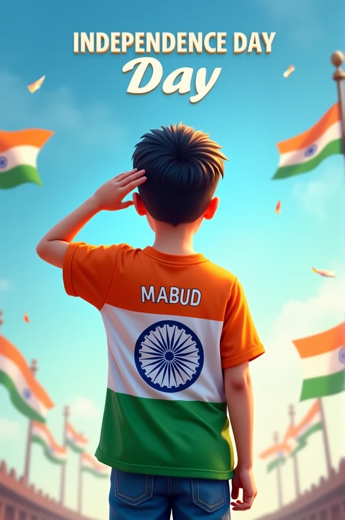 A young boy stands proudly under a clear blue sky, celebrating Independence Day on August 15th, 2024. He is wearing a vibrant tricolor T-shirt with his name "Mabud" printed on the back, along with a large image of the Ashoka Chakra. The sky above him features the words "Happy Independence Day 2024" in bold, festive letters. Indian flags are flying around him, and a sense of national pride fills the air as he salutes, symbolizing his love for the country.