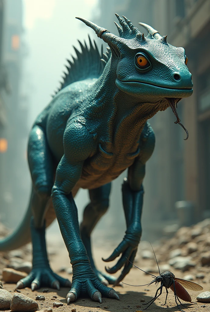 En photo réalisme. in profile. Dans l'univers du jeu vidéo  Fallout 3. A hybrid between a chameleon and a flayer. It's a mount. Il marche à quattre pattes et a une belle selle sur le dos mais pas de cavalier. he is two meters tall.  He has long claws. Il est rapide et agille mais a de large épaules et des bras musclés.
It has the eyes and snout of a chameleon and the body of a flayer, des dents pointues et une longue langue de caméléon mais reste très mignon. 
He is eating a giant mosquito.
The color of its scales is reminiscent of lapis lazuli.. It is very beautiful. 
Maintenant je veux la version adulte.   et plus mignon