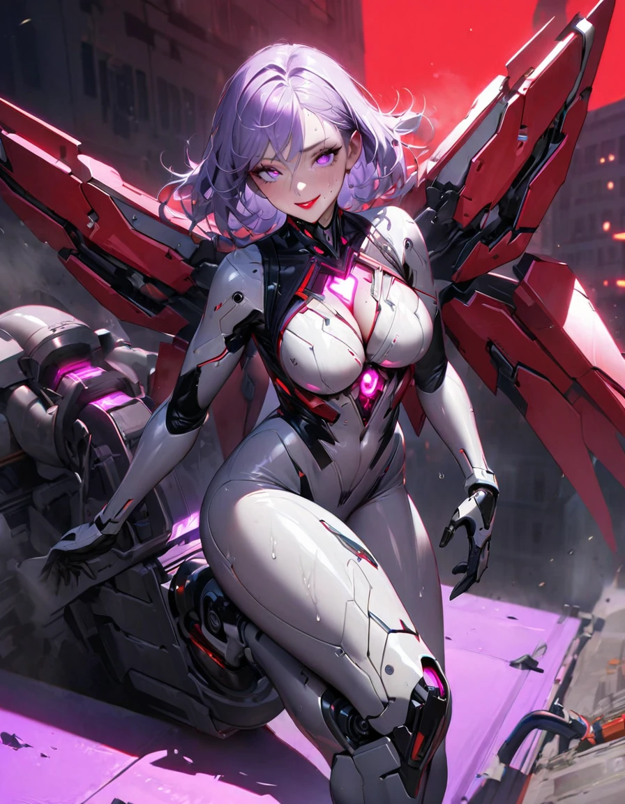 A young and beautiful person,(Highest quality,Extremely detailed depiction,Incredibly absurd high resolution,Anatomically accurate depiction,Curvy Legs),(Glowing Skin),(Futuristic body suit:1.3,Futuristic exoskeleton,Mechanical Wings,Mechanical thrusters,A giant bunker buster:1.3),eyelash,(Luminous purple eyes,There is cleavage in the chest,Wicked Smile,Glossy Red Lips,Sweat,A posture with a bunker buster:1.3),whole body,My hair is blowing in the wind,(background:In town),