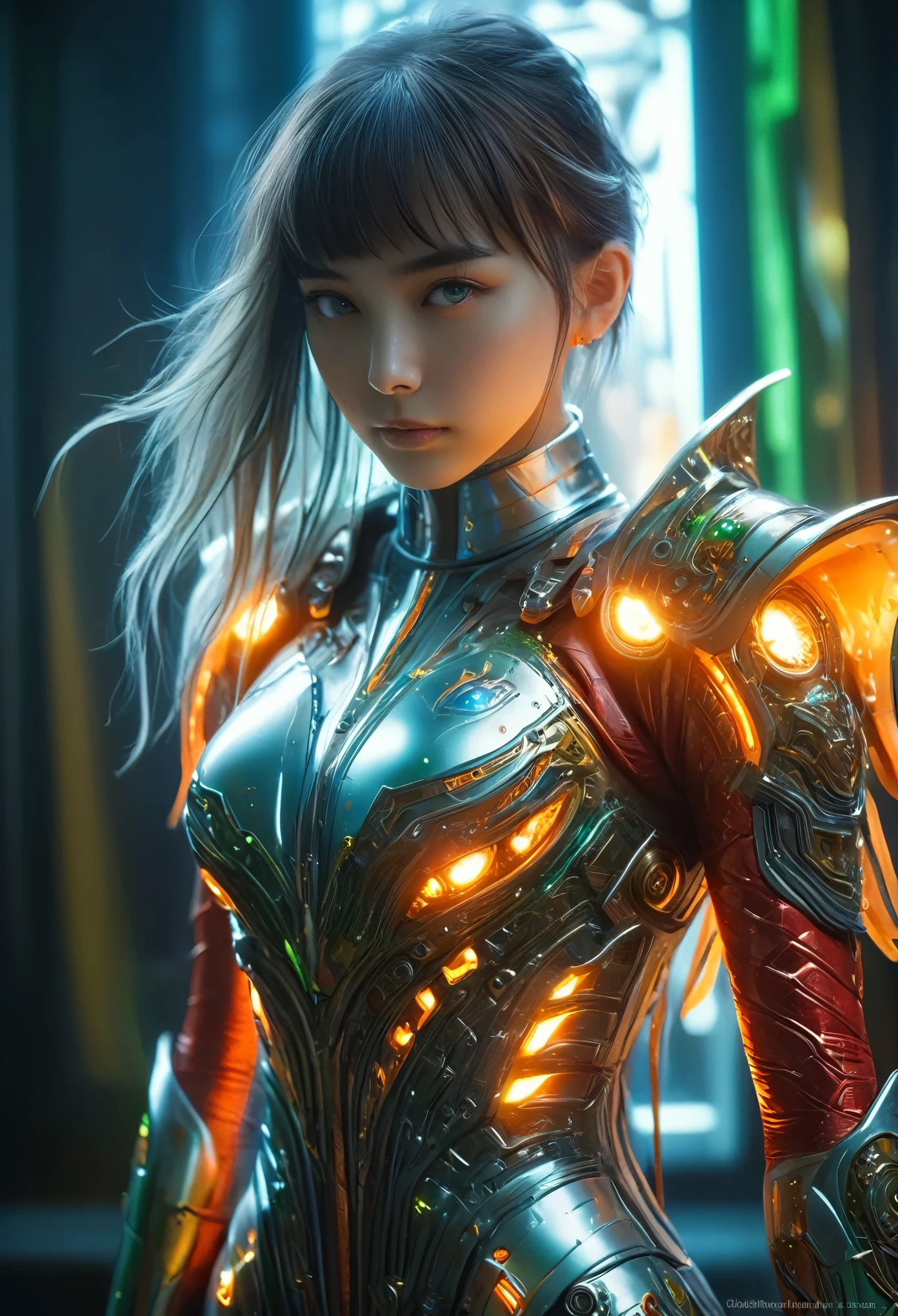 (Best Quality, 4K, 8K, High Resolution, Masterpiece: 1.2), (Super Detailed, Realistic, Photorealistic:1.37), A woman in futuristic clothing, Trending on cgstation, Trending on cgstation, (Portrait of a girl in the Knights of the Zodiac:1.4), blunt bangs, Cute Cyborg Girl, Perfect android girl, Portrait Astronaut Girl, Beautiful girl cyborg, (Girl wearing iridescent red and blue and orange and green and white mechanical cyber armor:1.3), Game CG, cgsociety and fenghua zhong, Beautiful Cyborg Shrine Maiden, Bioluminescence, (Yua Yaiba:0.5), (Golden eyes:1.5), Anatomically correct grip, (Sharp and long claws:1.4), erotic and sexy, black, wearing A gorgeous cape with beautifully detailed embroidery, (beautiful tits, beautiful breasts, beautiful nipples:1.5), (NSFW:1.5)