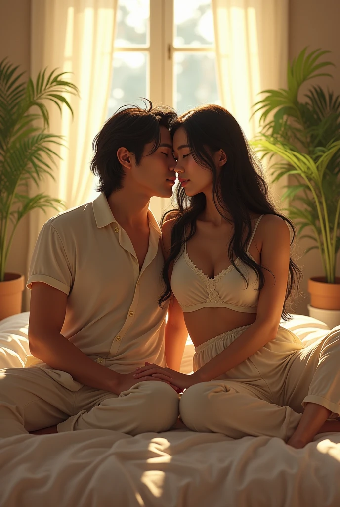 (photorealism:1.2), beautiful asian woman with handsome asian man with longhaired wearing pajama , sitting on bed, wearing  pajama pants, long  hair, indoors, soft lighting, plants in background, window with sunlight, cozy room, relaxed pose, realistic, intricate details, warm colors, by Greg Rutkowski, by Alphonse Mucha