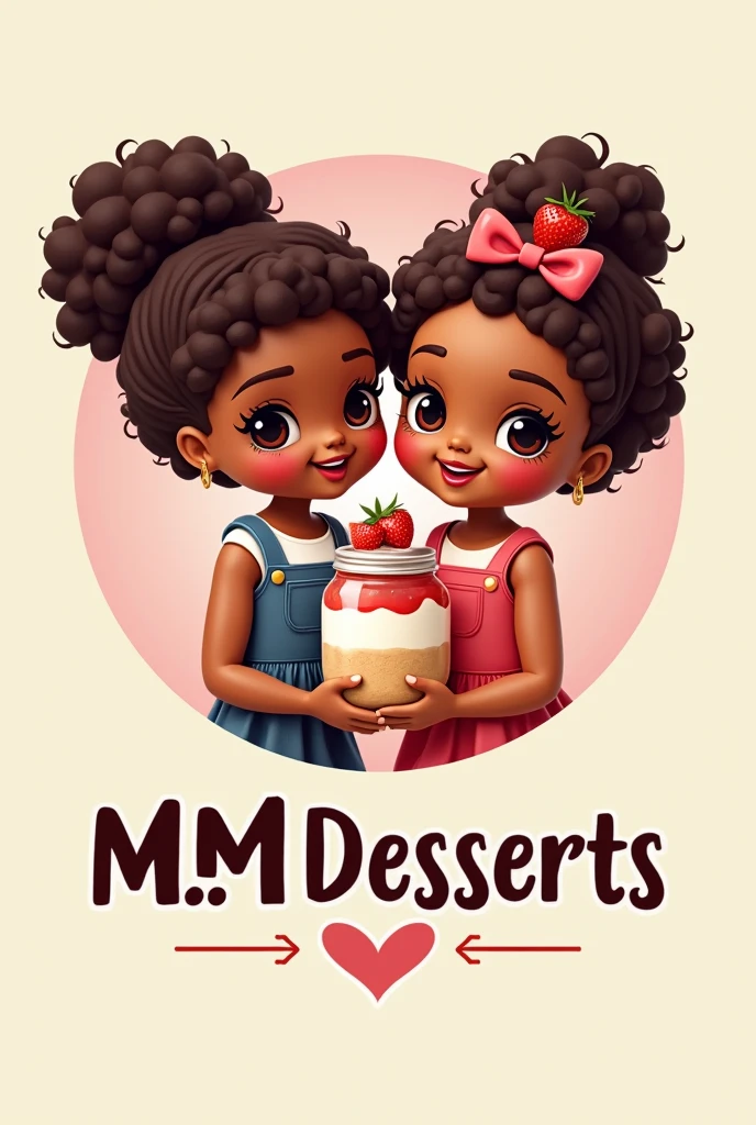 Create a design for a company logo called M.M desserts, with two dolls, a girl and a boy with brown skin and curly hair holding a beautiful dessert with strawberries in a jar.
The couple is a  and a .
Add a caption to the image "M.M desserts"