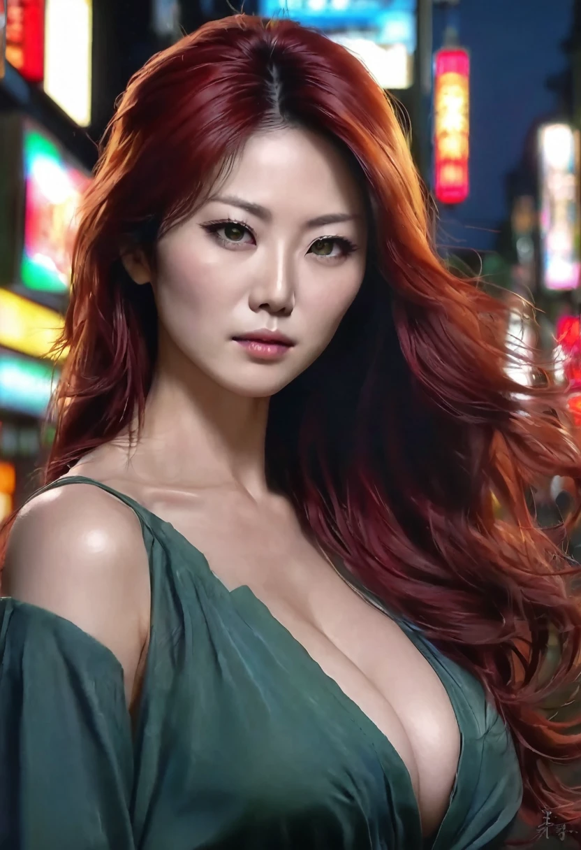 1 woman, , is 40 years old, she is Japanese, inside a city at night, wearing a low-cut blue blouse, feminine dark green eyes, clear and detailed skin, very large breasts, VERY long RED hair, she is Japanese, dramatic lighting, cinematic composition, dark palette, dark colors, atmospheric haze, thin chin, serious face, serious face, beautiful woman, very beautiful, adult woman, ultra realistic, adult woman, 40 years, (best quality, 4K, 8K, high resolution, art: 1.2), ultra detailed (realistic, photorealistic, photorealistic: 1.37)