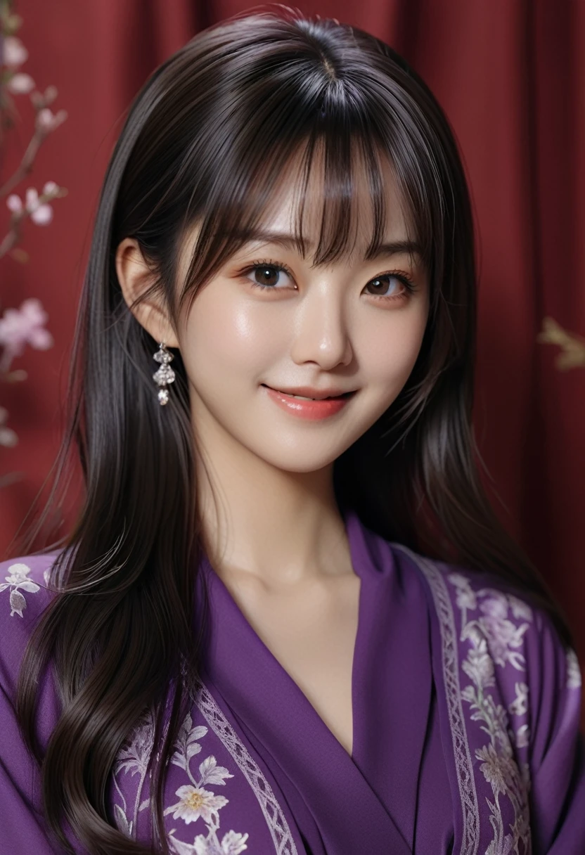 （Ultra-realistic）、（figure），（Increased resolution），（8k）、（Very detailed），（Bestfigure）、（Beautiful and detailed），（Highest quality）、（Super detailed），（masterpiece），（wallpaper）、（Detailed face）、alone、1 person、View your viewers、The finer details、Detailed face、In the Dark、Deep Shadow、Modest、Pure Erotic Face Ace_v1， smile、Long Hair、Black shawl straight hair、
46 point diagonal bangs　purple